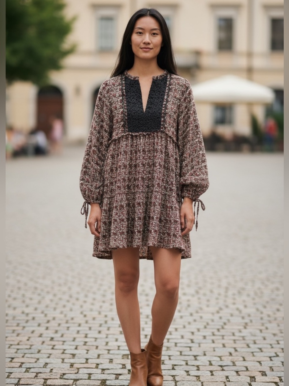 New Zara Bohemian Flowy Mini Dress Oversized Popover Puff Sleeves Festival